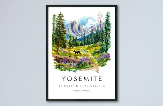 Yosemite California Watercolor Granite Peaks Pines Bear National Park Poster