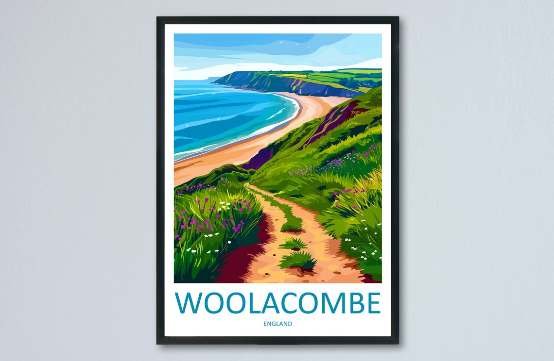 Woolacombe England Sandy Bay Flowered Cliff Path Travel Poster