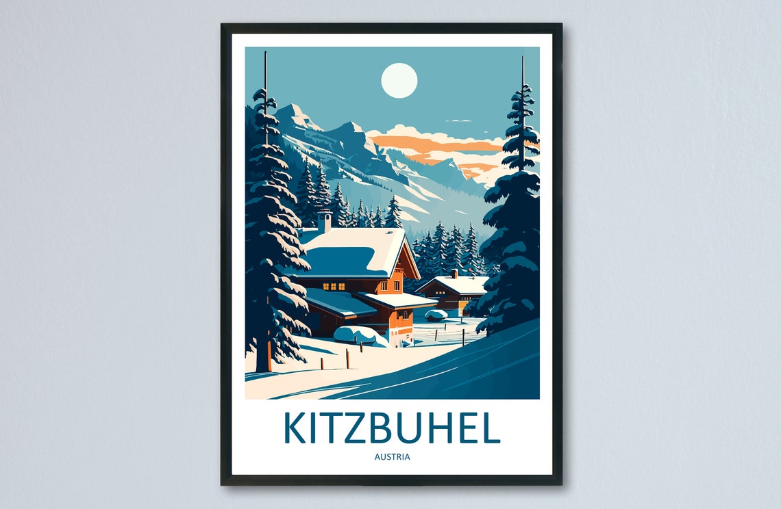 Kitzbuhel Austria Snowy Alpine Chalet Illustrated Ski Resort Poster