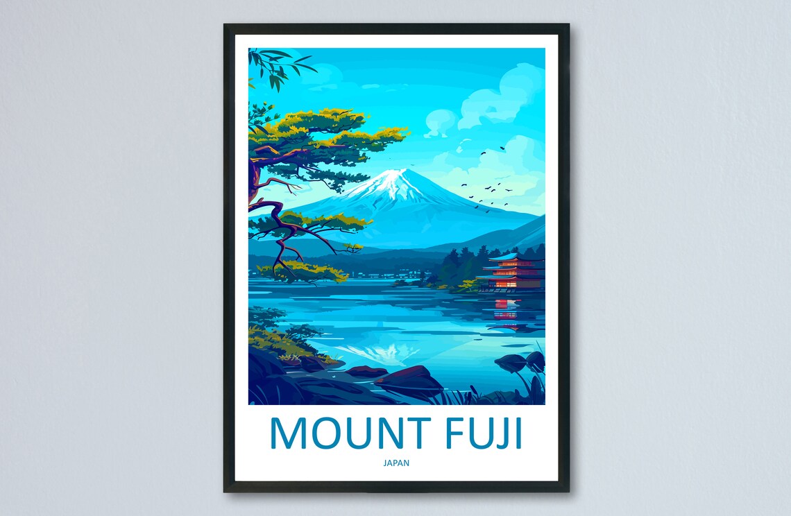 Mount Fuji Japan Travel Poster with Lake Reflection and Pine