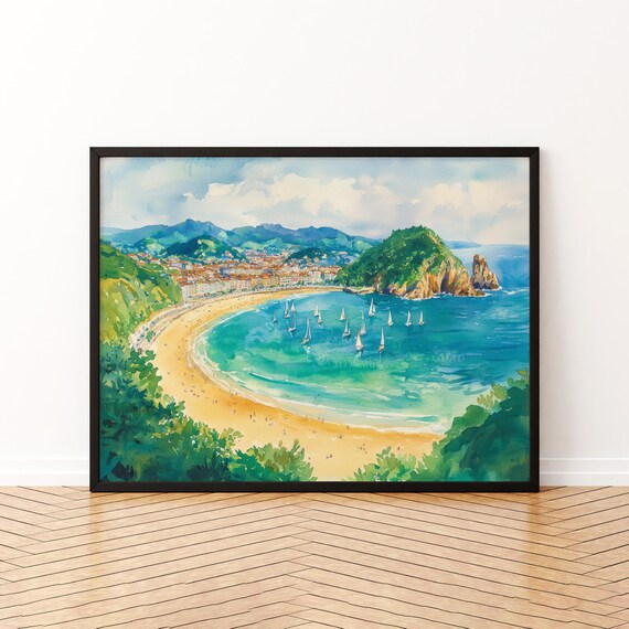 San Sebastian Watercolor La Concha Bay Sailboats Spain Beach Print
