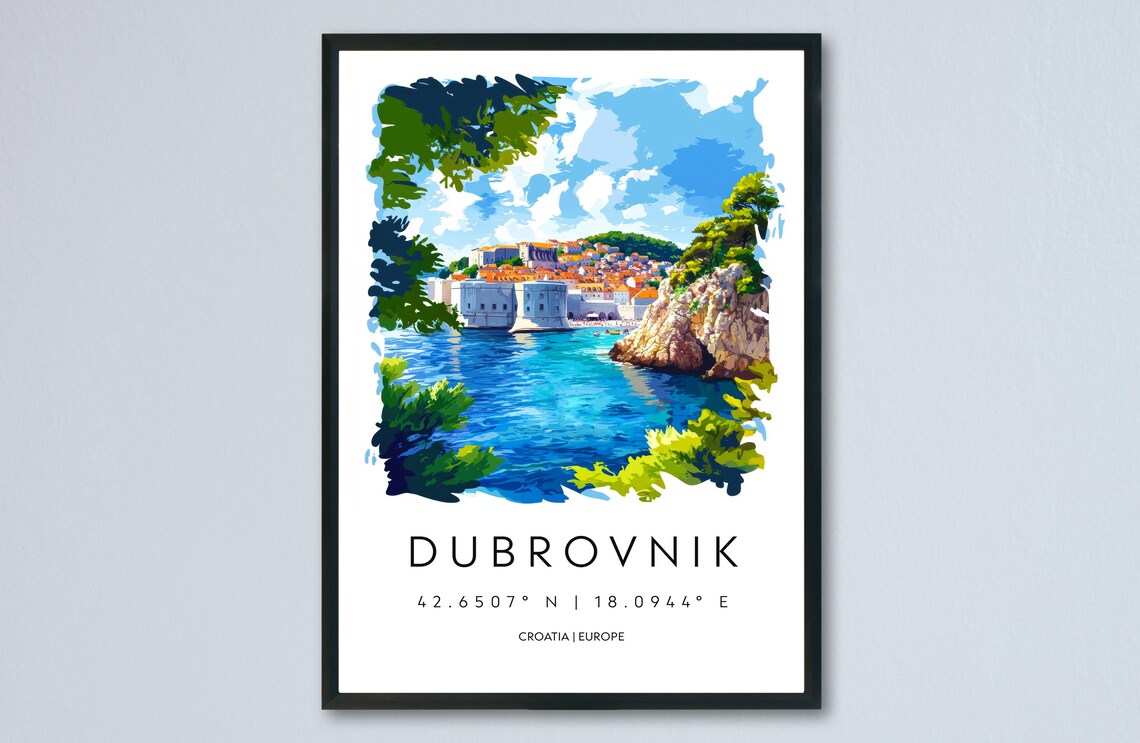Dubrovnik Croatia Old Town Coastline Watercolor Travel Poster