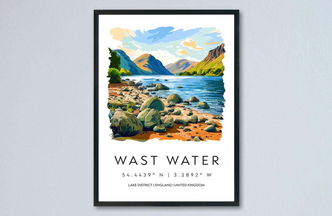 Wast Water Lake District Rocky Shore Mountain Watercolor Poster