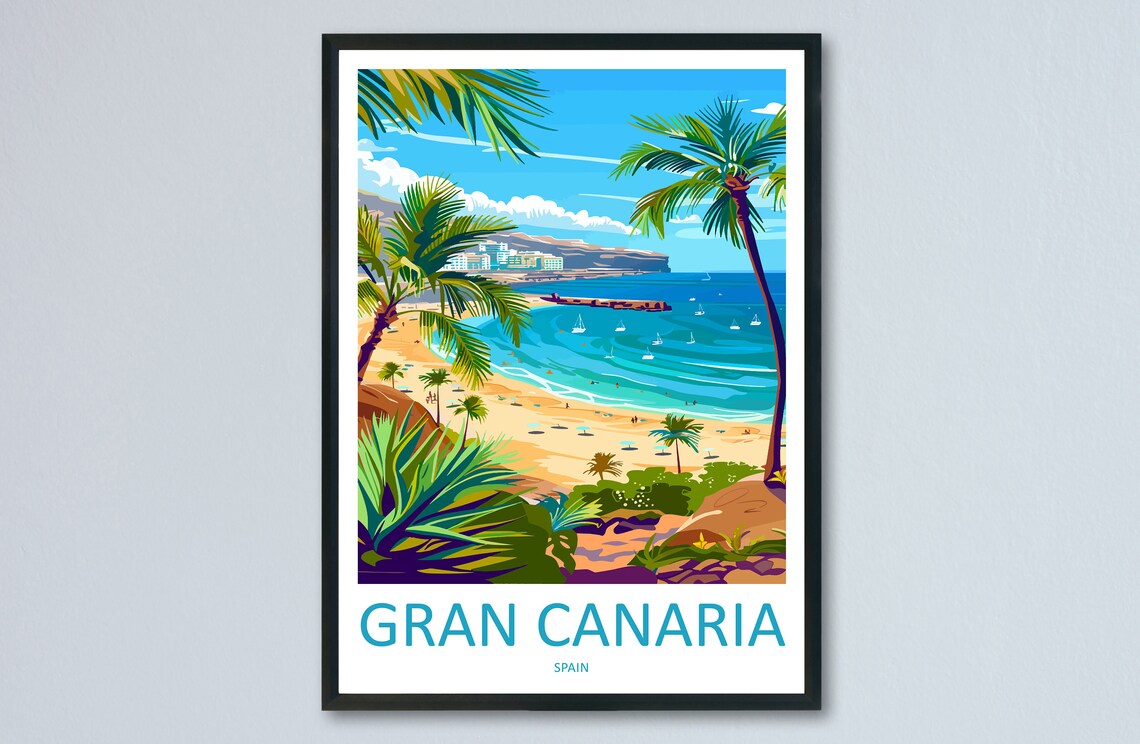 Gran Canaria Spain Beach Sailboats Palms Coastal Travel Poster