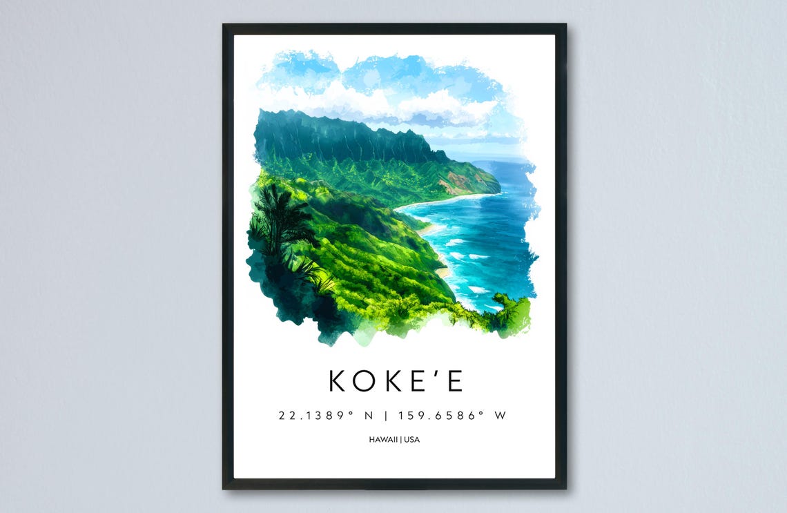 Scenic Kokee Hawaii Green Island Mountain Ridges Watercolor Poster