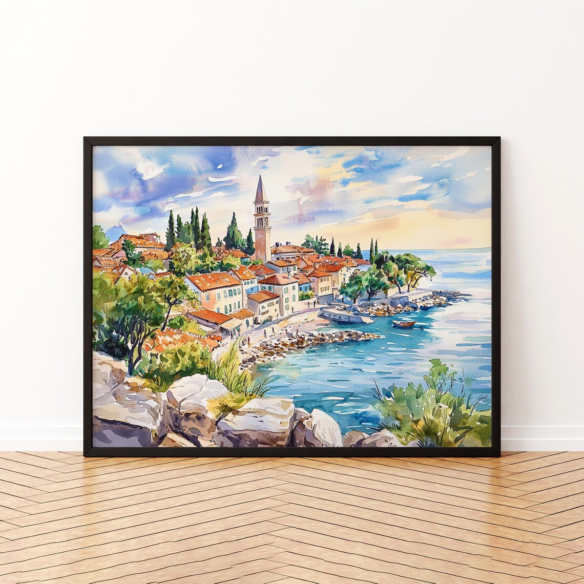 Porec Croatia Watercolor Poster Old Town Coast Church Tower Travel Art
