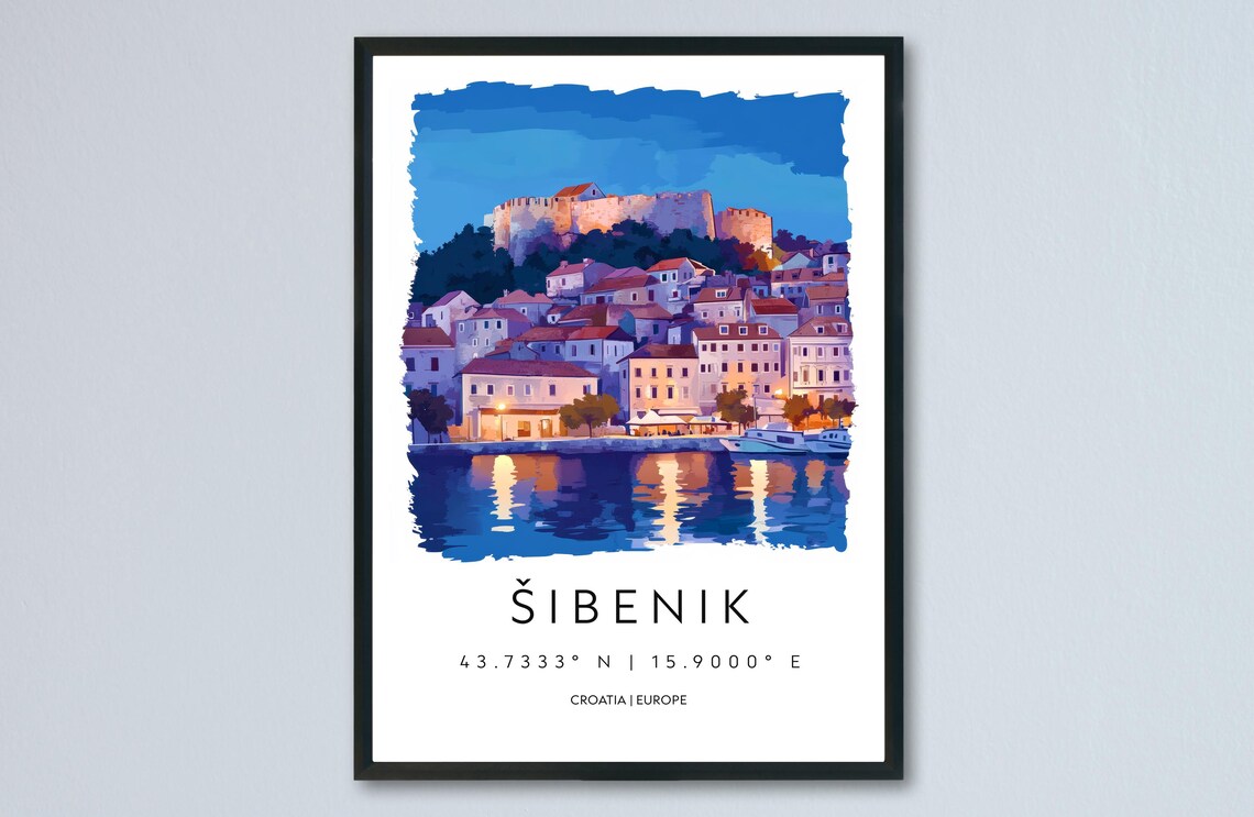 Sibenik Night Harbor Fortress Croatia Watercolor Travel Poster