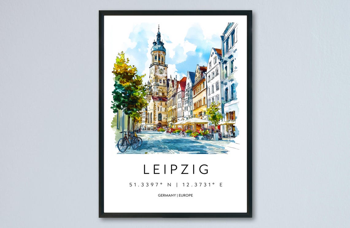 Leipzig Watercolor Germany Old Town Street Church Travel Poster