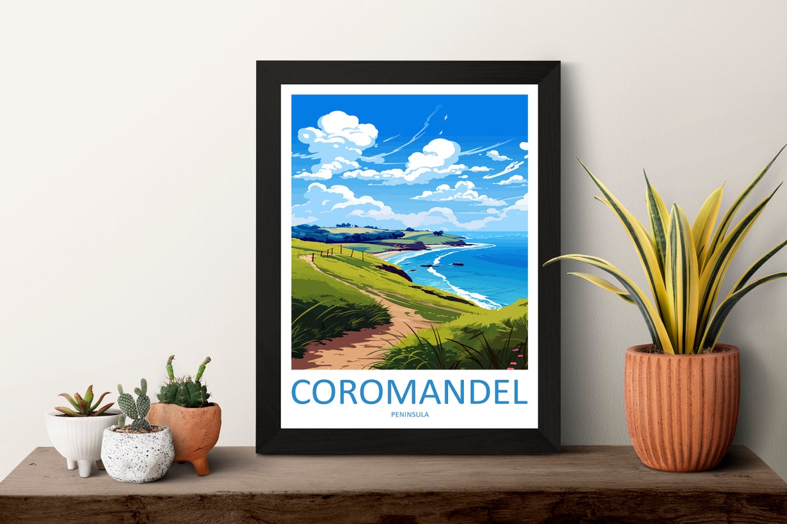 Coromandel Peninsula Sunny Green Coastal Cliffs Beach Path Poster - Image 3