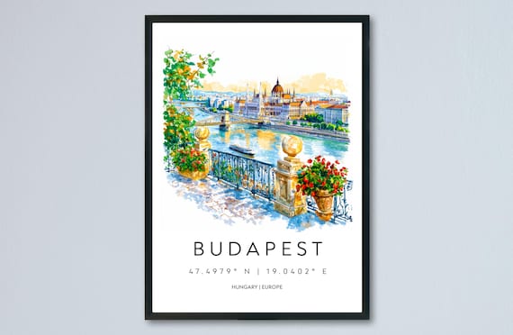Budapest Hungary Danube Parliament Riverside Watercolor Travel Poster