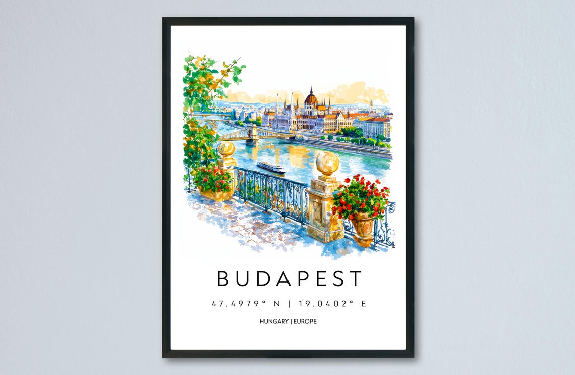 Budapest Hungary Danube Parliament Riverside Watercolor Travel Poster