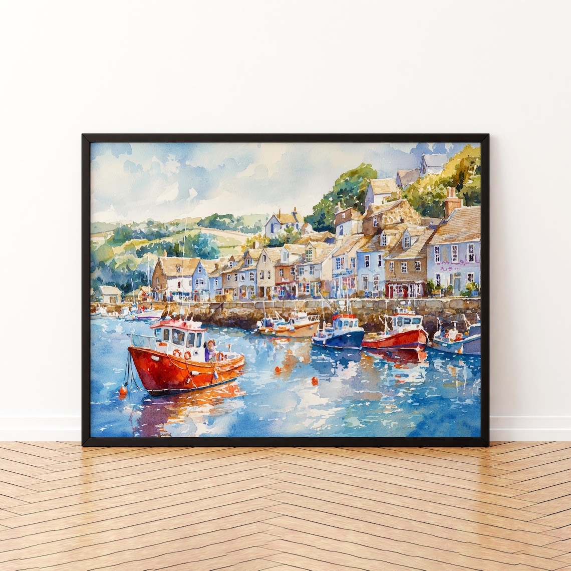 Looe Cornwall Watercolor Travel Poster, Coastal Village