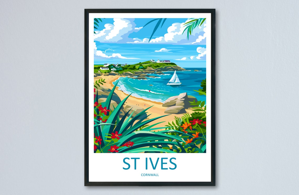 St Ives Cornwall England Beach Sailboat Floral Coastal View Poster