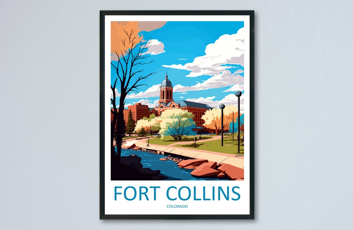 Sunny Fort Collins Colorado Riverside Historic Town Travel Poster
