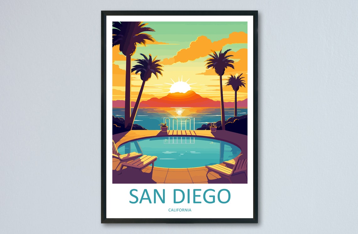 San Diego California Poolside Palm Trees Sunset Over Ocean Poster