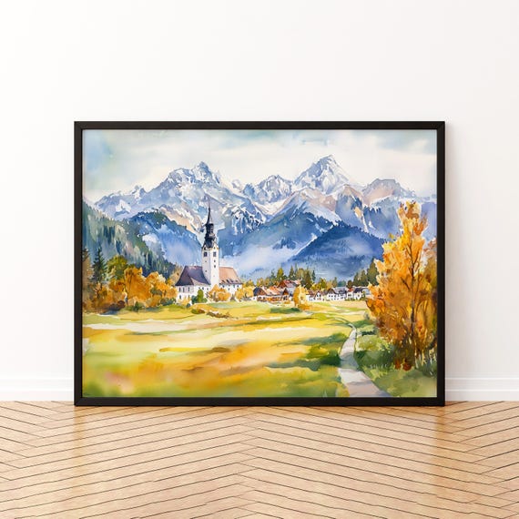 Garmischpartenkirchen Watercolor Poster Landscape Wall Art Hanging Home Dcor Gift