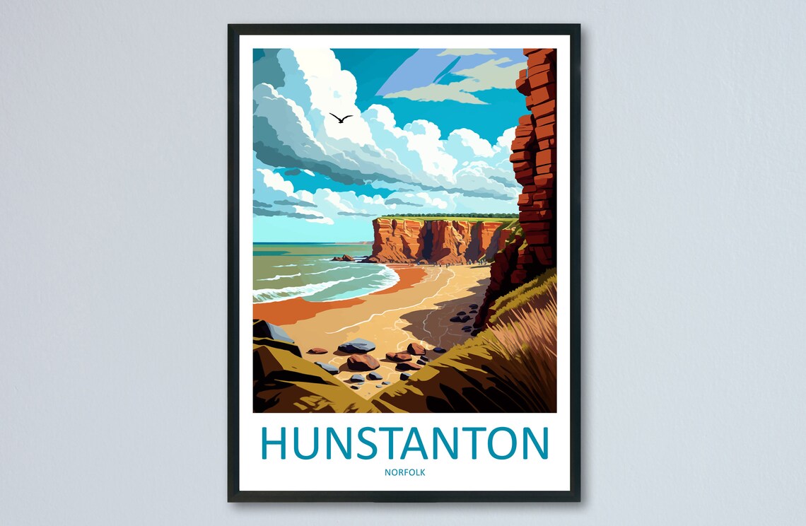 Hunstanton Cliffs Travel Poster, England Coastal View