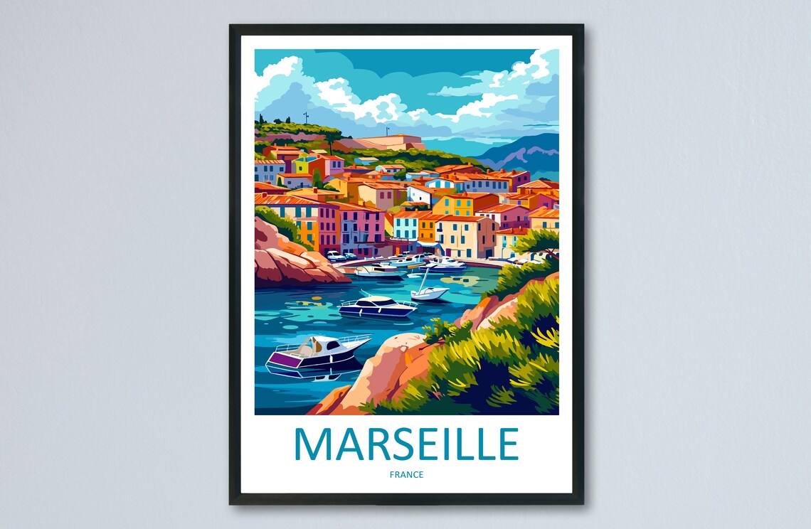 Marseille Harbor Boats Colorful Coast Town France Travel Poster