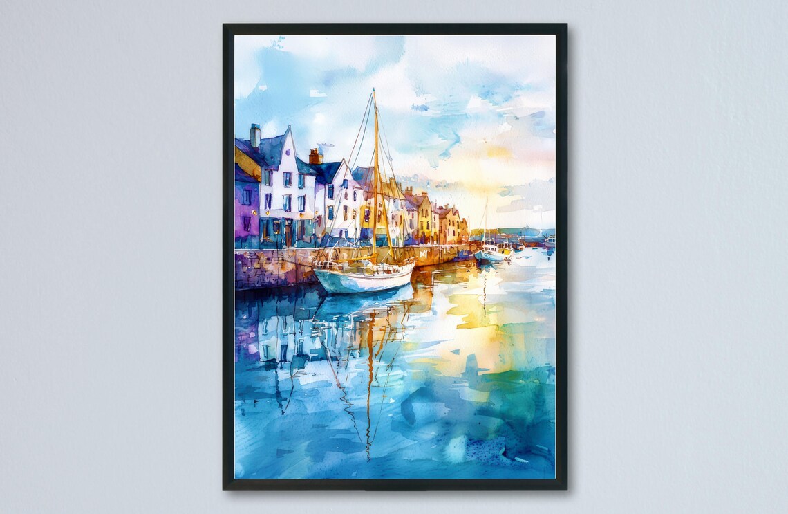 Galway Harbor Sailboats Golden Sunset Watercolor Ireland Poster