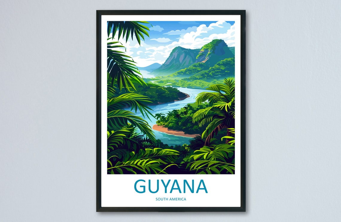 Guyana South America Rainforest River Mountain Travel Poster