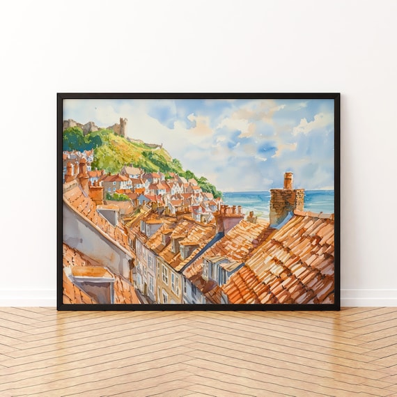 Hastings England Watercolor Travel Poster, Sussex Coast