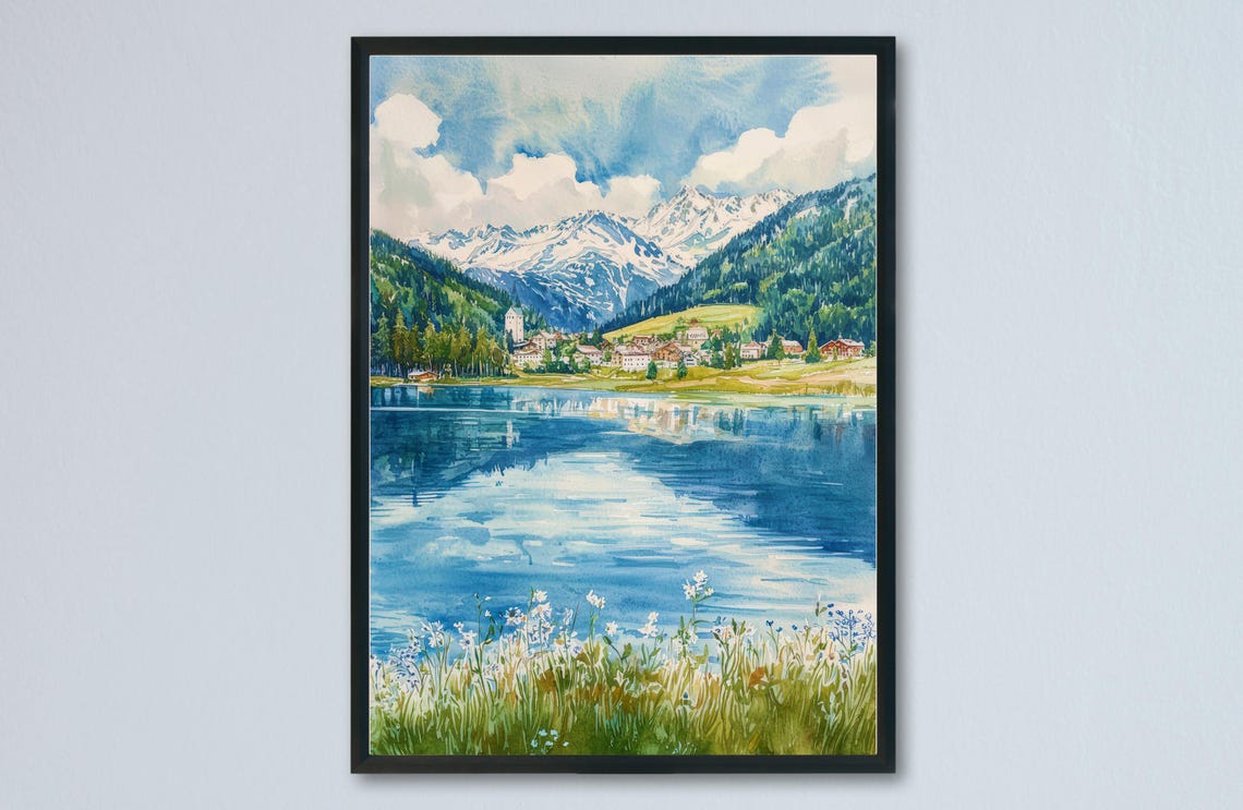 Davos Lake Town Snowy Peaks Wildflower Watercolor Travel Poster
