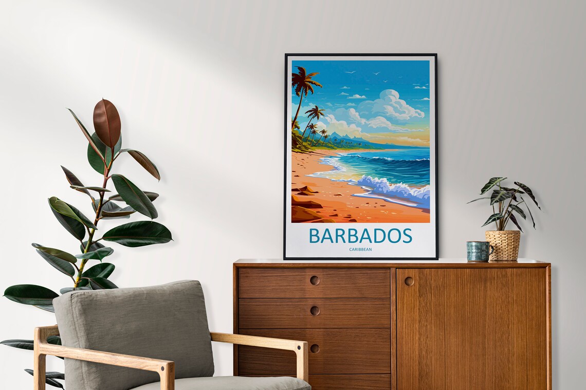 Barbados Palm Beach Rolling Surf Sunset Caribbean Travel Poster - Image 2