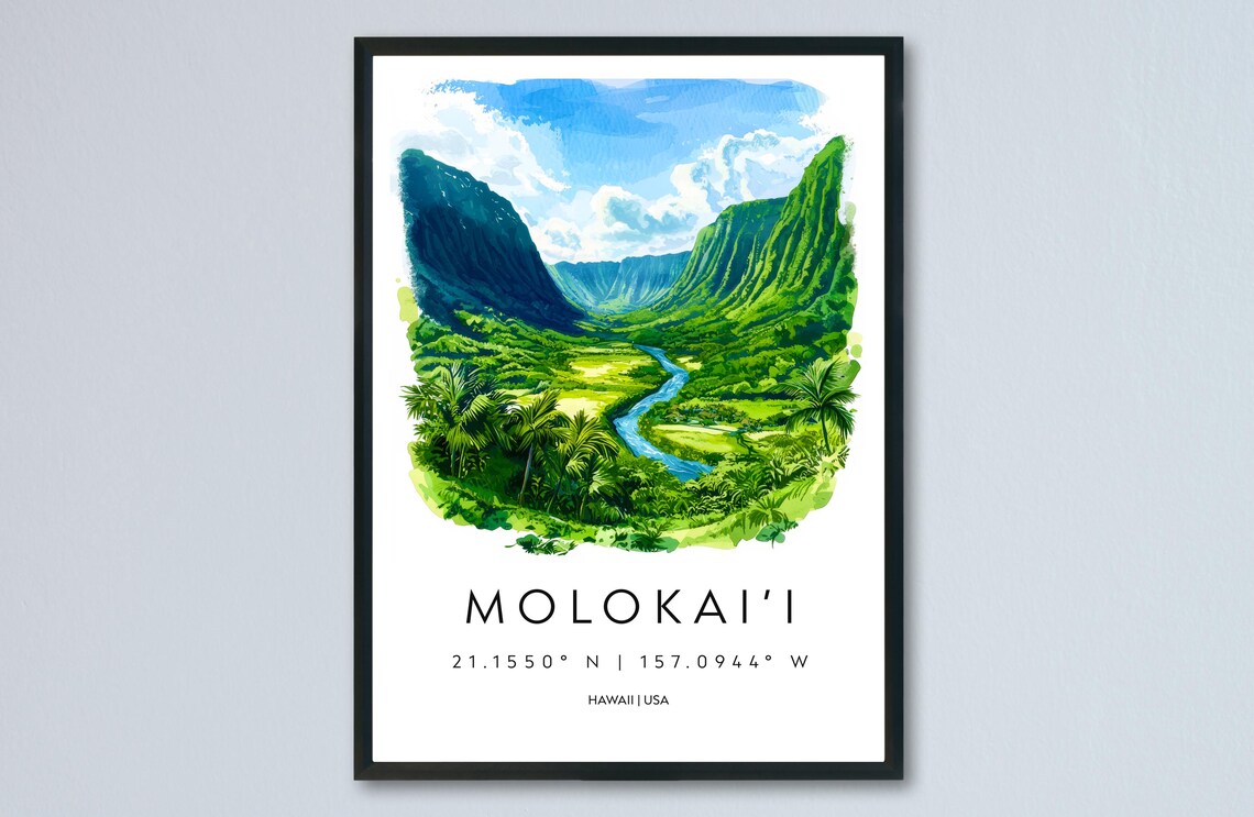 Molokai Hawaii Sea Cliffs Green Valley Watercolor Travel Poster
