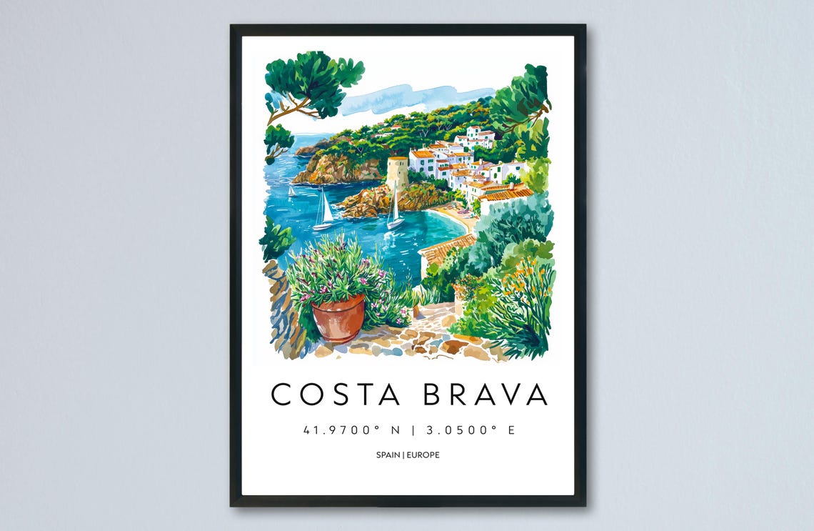 Costa Brava Watercolor Spain Sailboat Cove Village Travel Poster