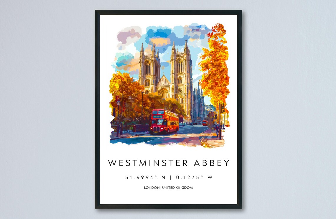 Westminster Abbey Autumn Red Bus London Landmark Watercolor Poster