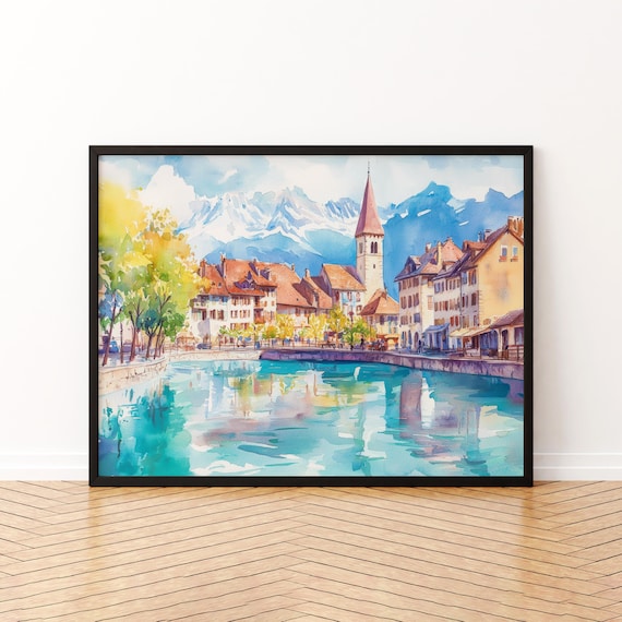 Annecy Lake Watercolor French Alps Church Old Town Reflections Poster