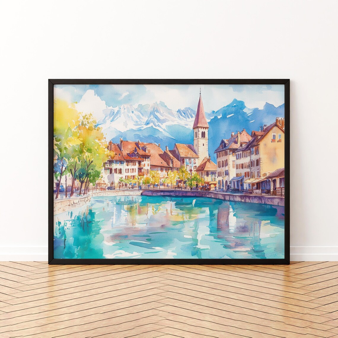 Annecy Lake Watercolor French Alps Church Old Town Reflections Poster