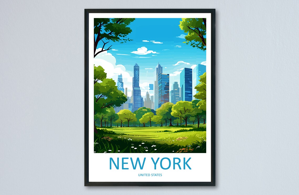 New York City Central Park Green Meadow Skyline Travel Poster