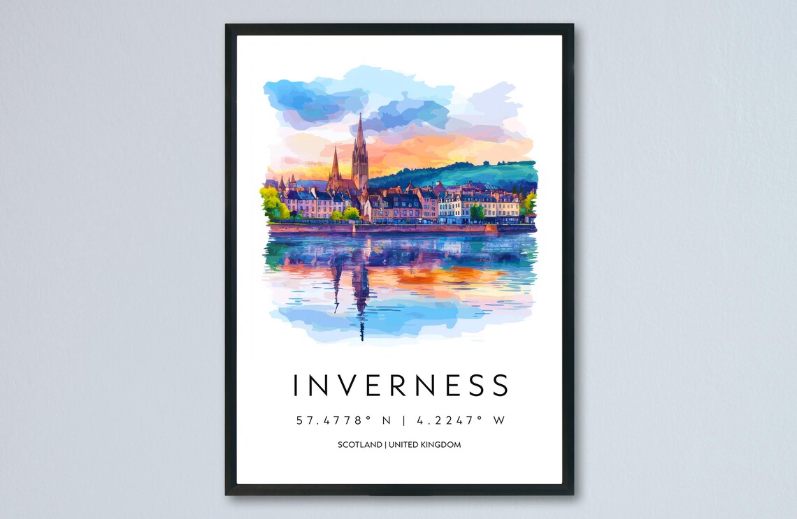 Inverness Scotland River Sunset Cathedral Watercolor Travel Poster