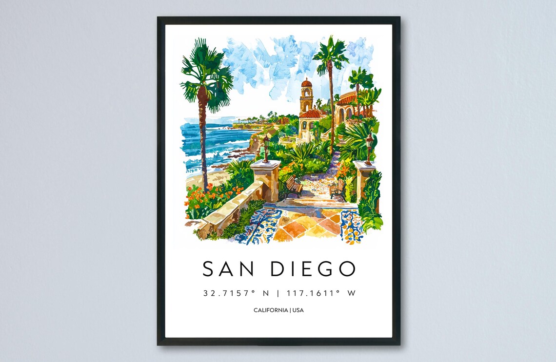 San Diego California Watercolor Beach Palms Mission View Travel Poster