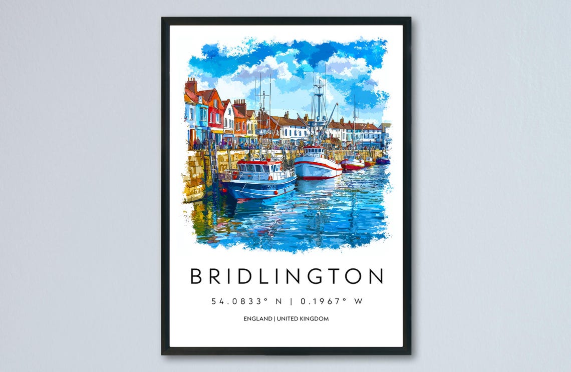 Bridlington England Harbor Watercolor Travel Poster with Coordinates