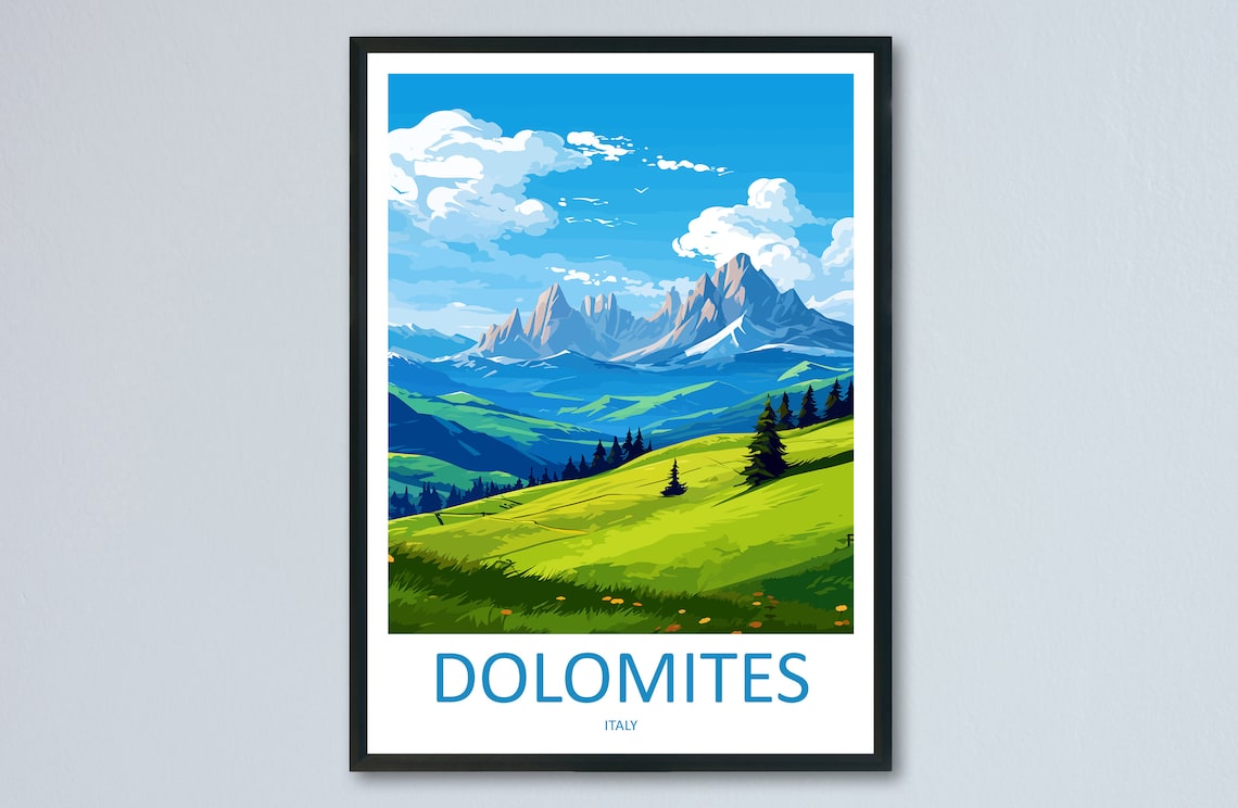 Dolomites Travel Poster, Italian Mountain Landscape