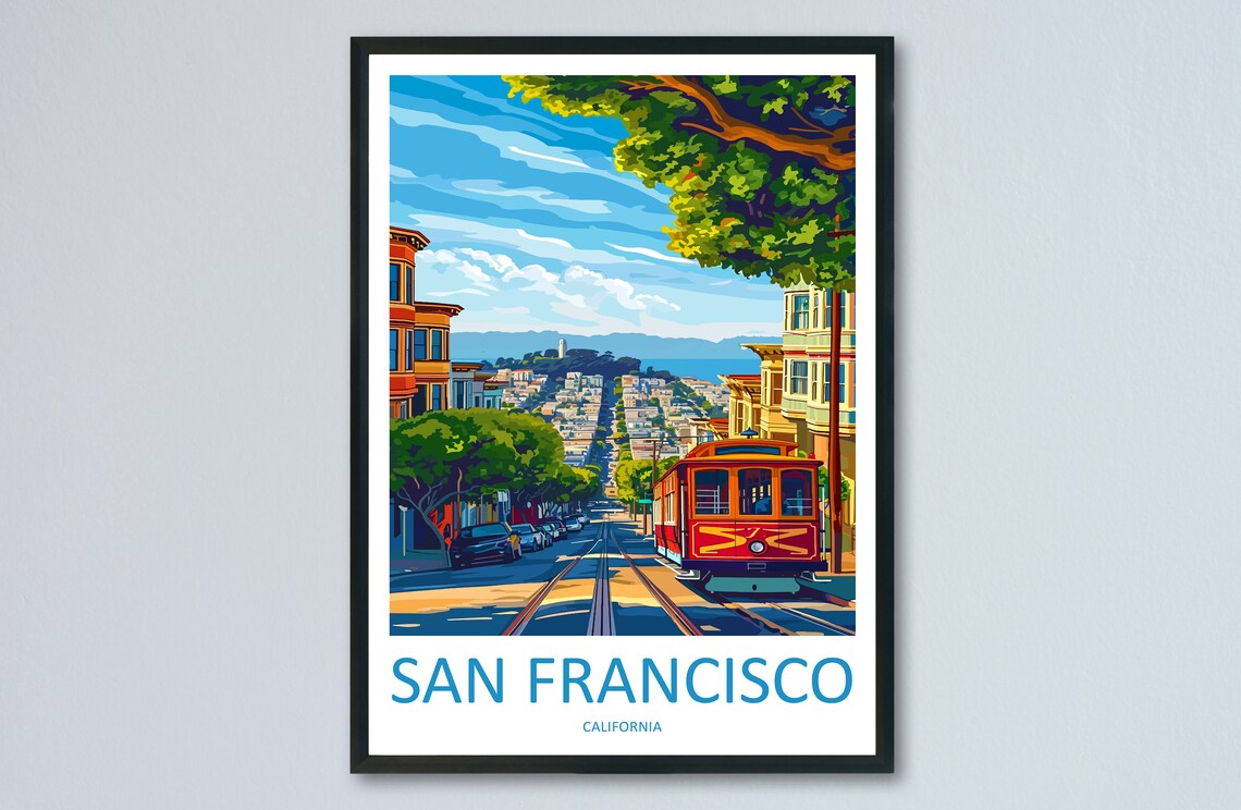 San Francisco California Cable Car Street Retro Travel Poster