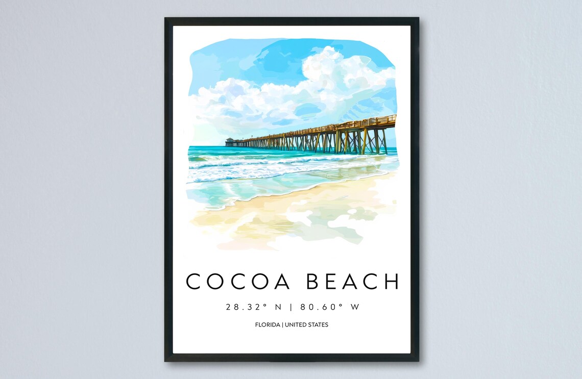 Cocoa Beach Florida Ocean Pier Watercolor Travel Poster Coordinates