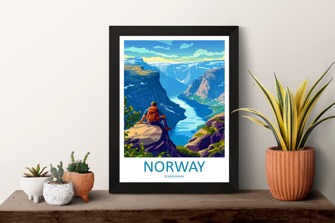 Norway Scandinavia Fjord Hiker Cliff View Adventure Scene Poster - Image 3