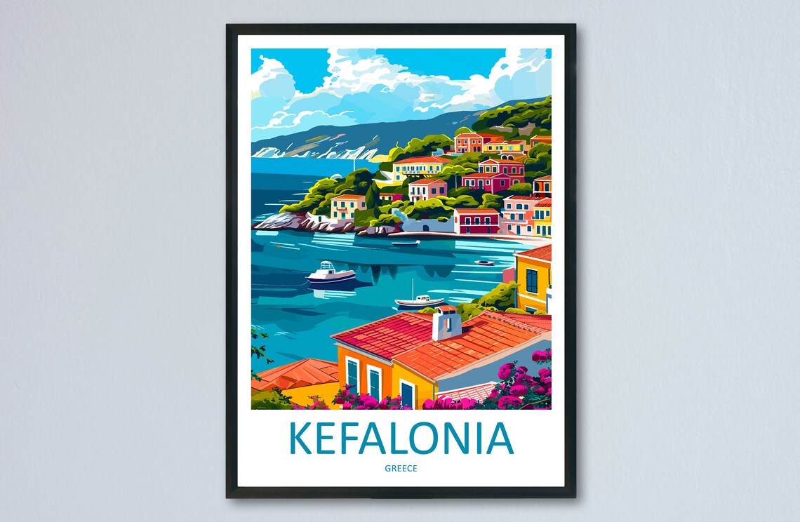 Kefalonia Greece Hillside Village Coastal Harbor Travel Poster