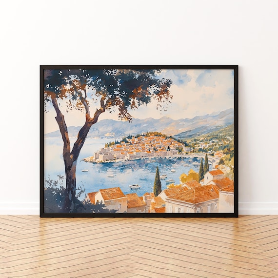 Cavtat Croatia Harbor Watercolor Coastal Town Red Roofs Travel Poster