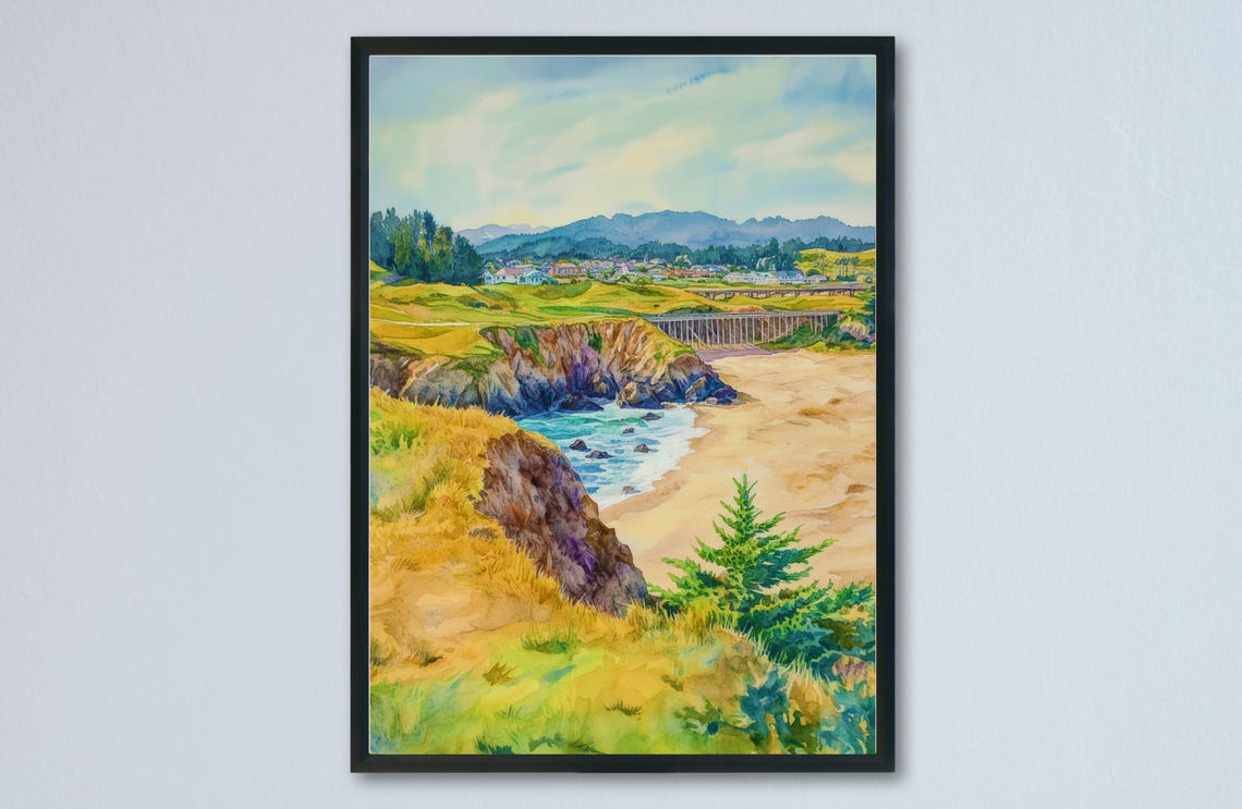 Mendocino Coast Cliffs Railroad Trestle Beach Watercolor Art Poster