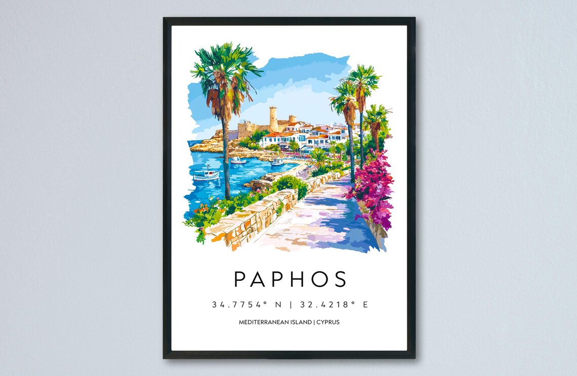 Paphos Cyprus Watercolor Harbor Castle Palm Travel Art Poster
