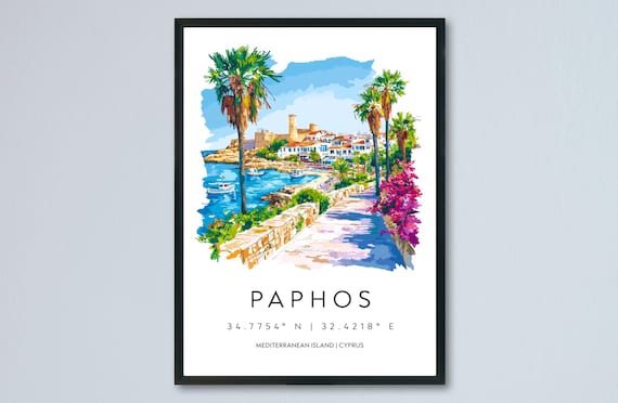 Paphos Cyprus Watercolor Harbor Castle Palm Travel Art Poster