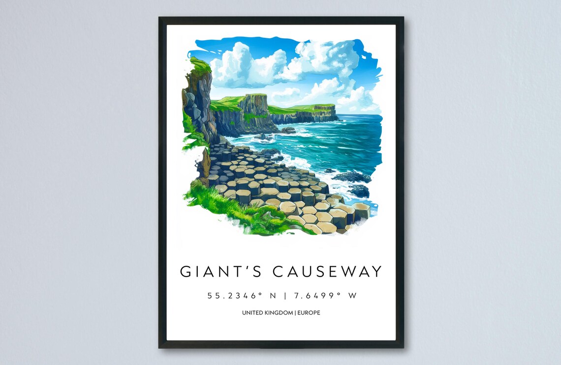 Giants Causeway UK Hexagonal Basalt Stones Watercolor Seascape Poster