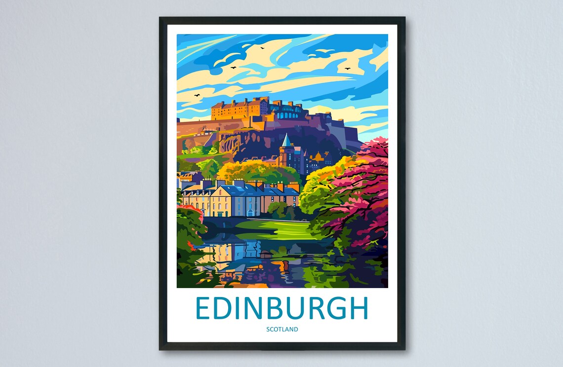 Edinburgh Scotland Travel Poster Castle Cityscape Colorful Skyline View
