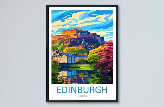 Edinburgh Scotland Travel Poster Castle Cityscape Colorful Skyline View