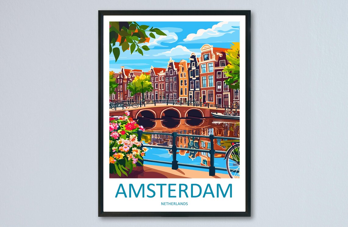 Amsterdam Canal Bridge Bicycles Gabled Houses Travel Poster Art