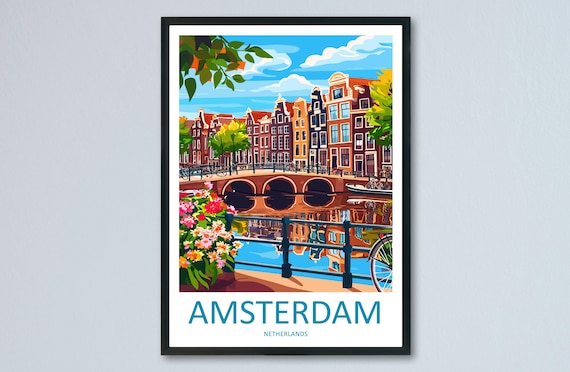 Amsterdam Canal Bridge Bicycles Gabled Houses Travel Poster Art